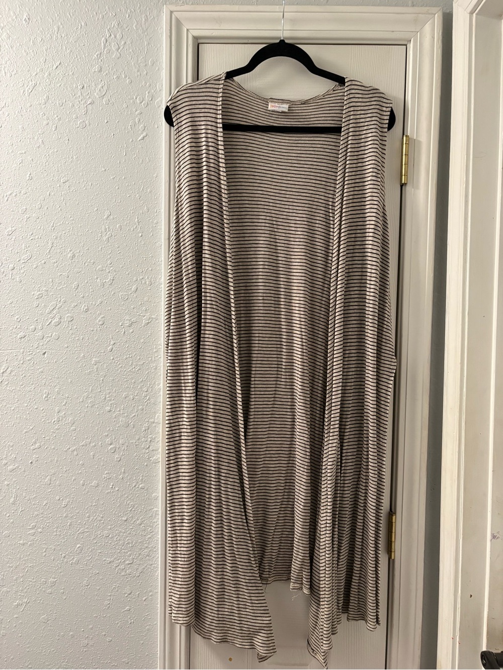 LuLaRoe Long Sleeveless Open Cardigan in Black and Cream Stripes